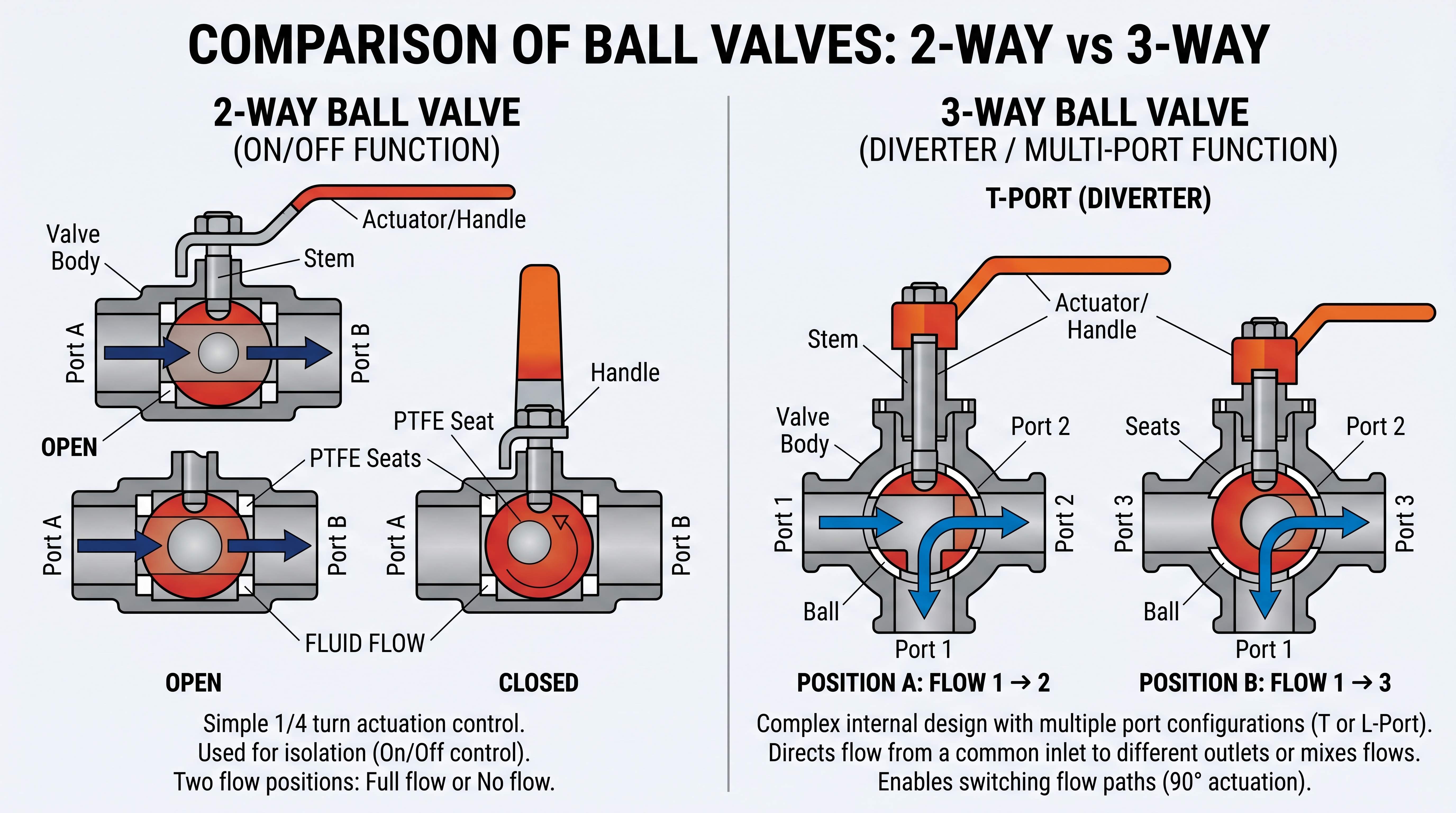 Comparison of 2 way ball valve and 3 way ball valve showing on off control and multiport flow direction